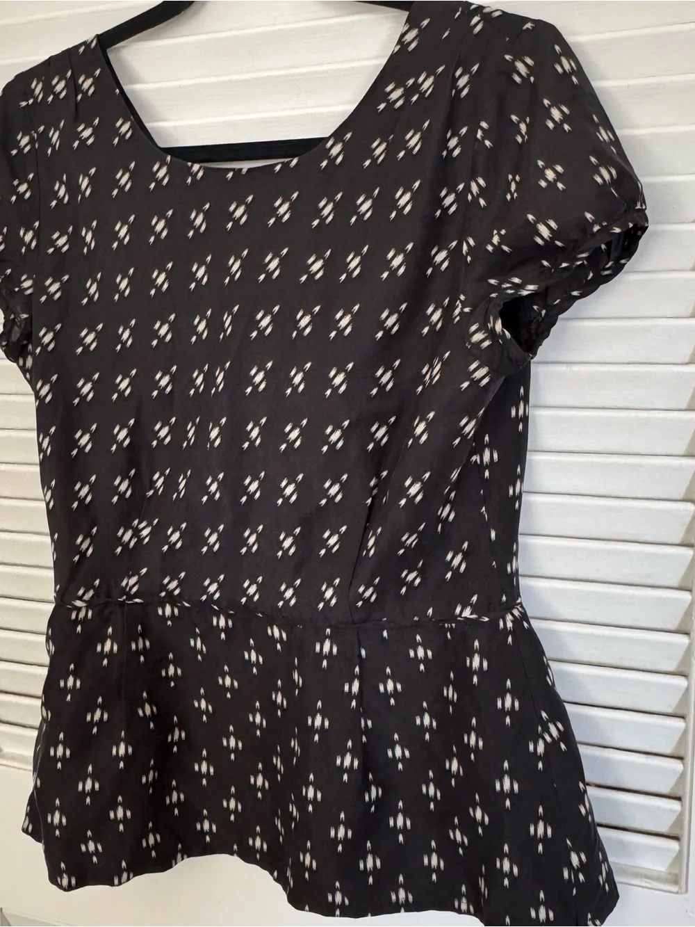J. Crew Black Peplum Short Sleeve Blouse with White Print
